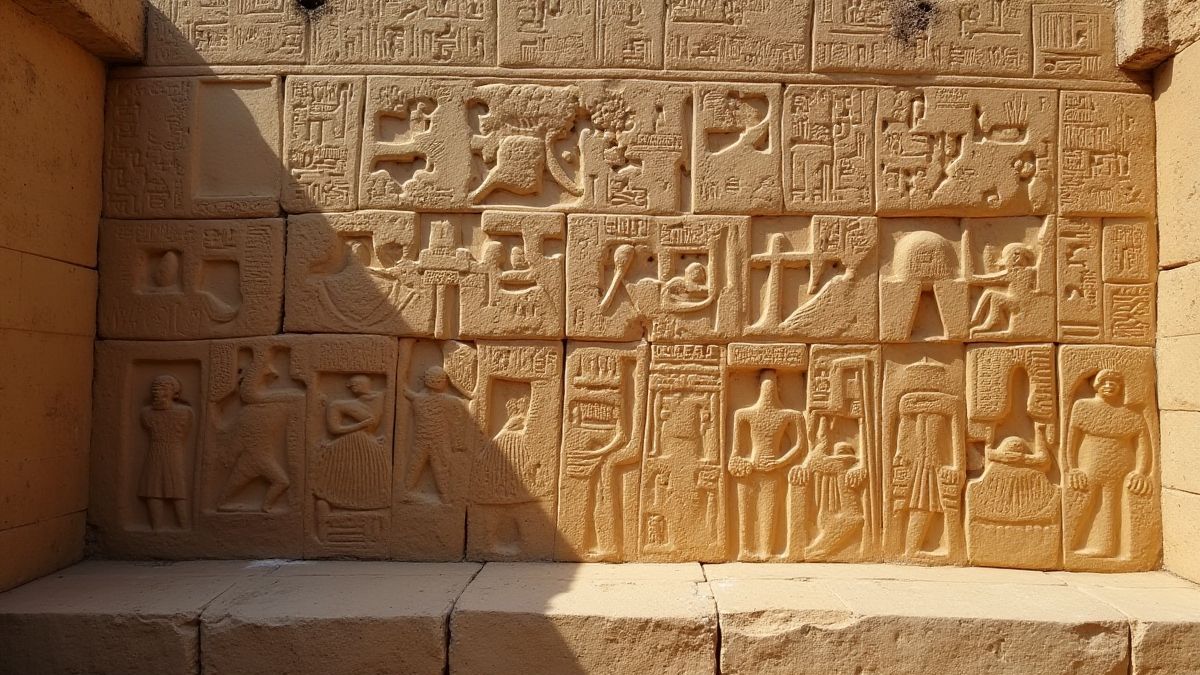 Jeroglíficos tallados en paredes de piedra antigua.