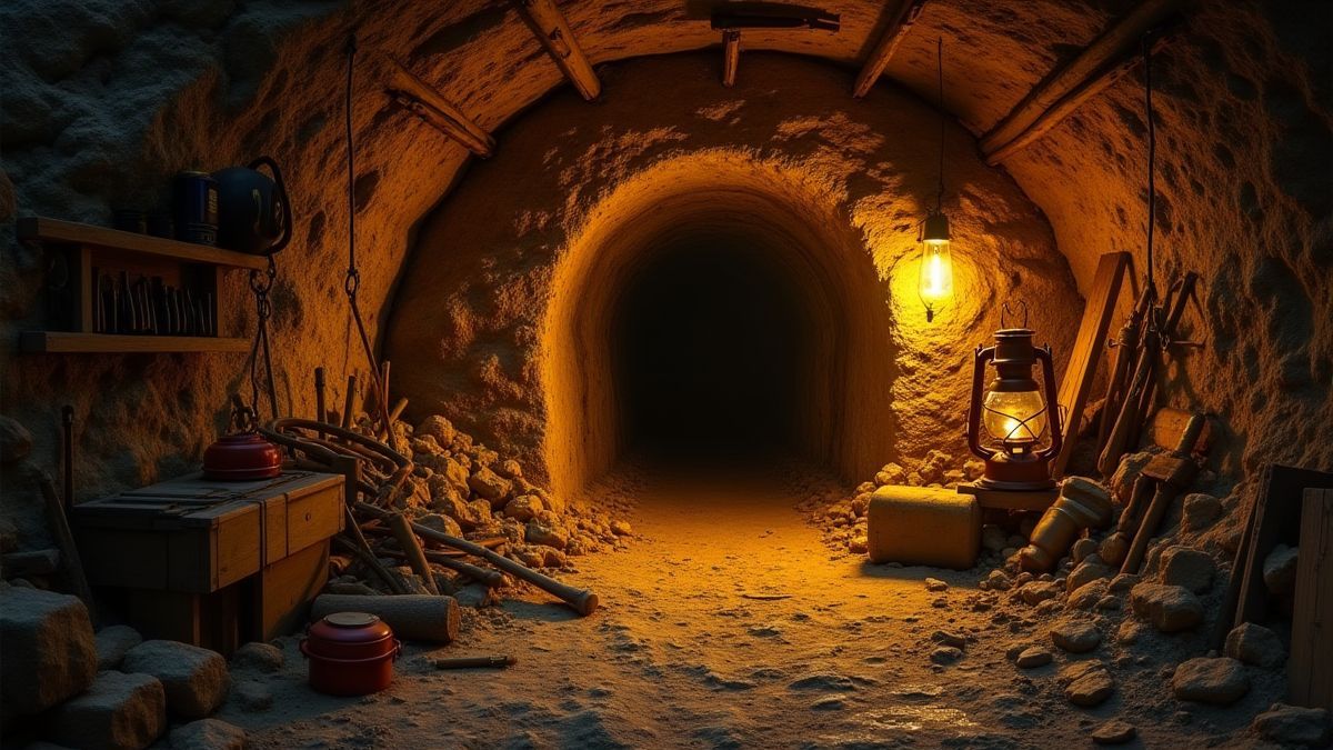Entrance to a gold mine surrounded by tools and lanterns.