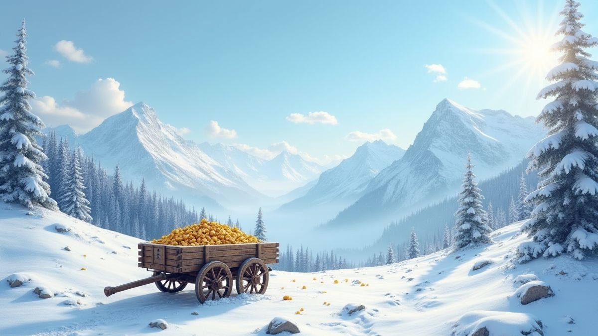 Snowy mountain landscape with a wooden cart and gold nuggets.