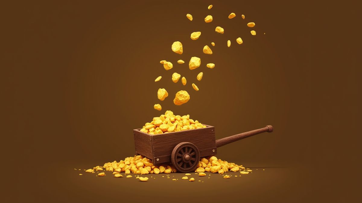 Gold nuggets falling into a wooden cart during the gold rush.