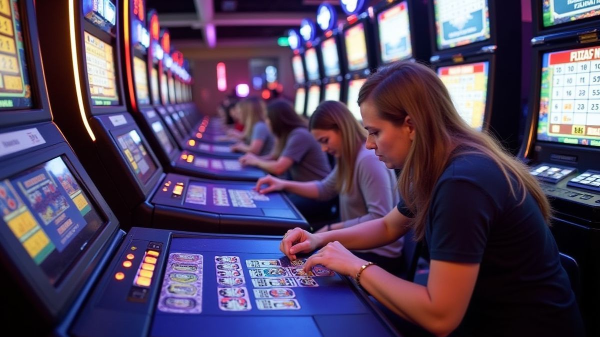 Jugadores marcando tarjetas de Keno en un casino animado