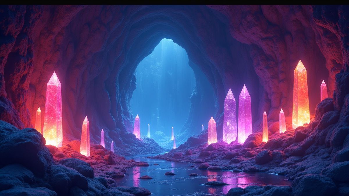 Caverna mágica com cristais brilhantes de cores.