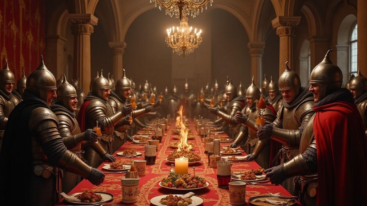 Banquete medieval com cavaleiros celebrando em um grande salão.