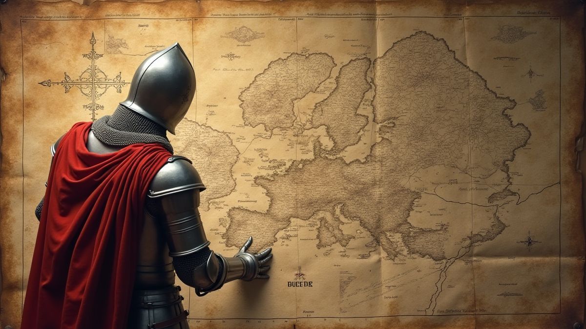 Cavaleiro planejando uma estratégia de batalha em um mapa medieval.