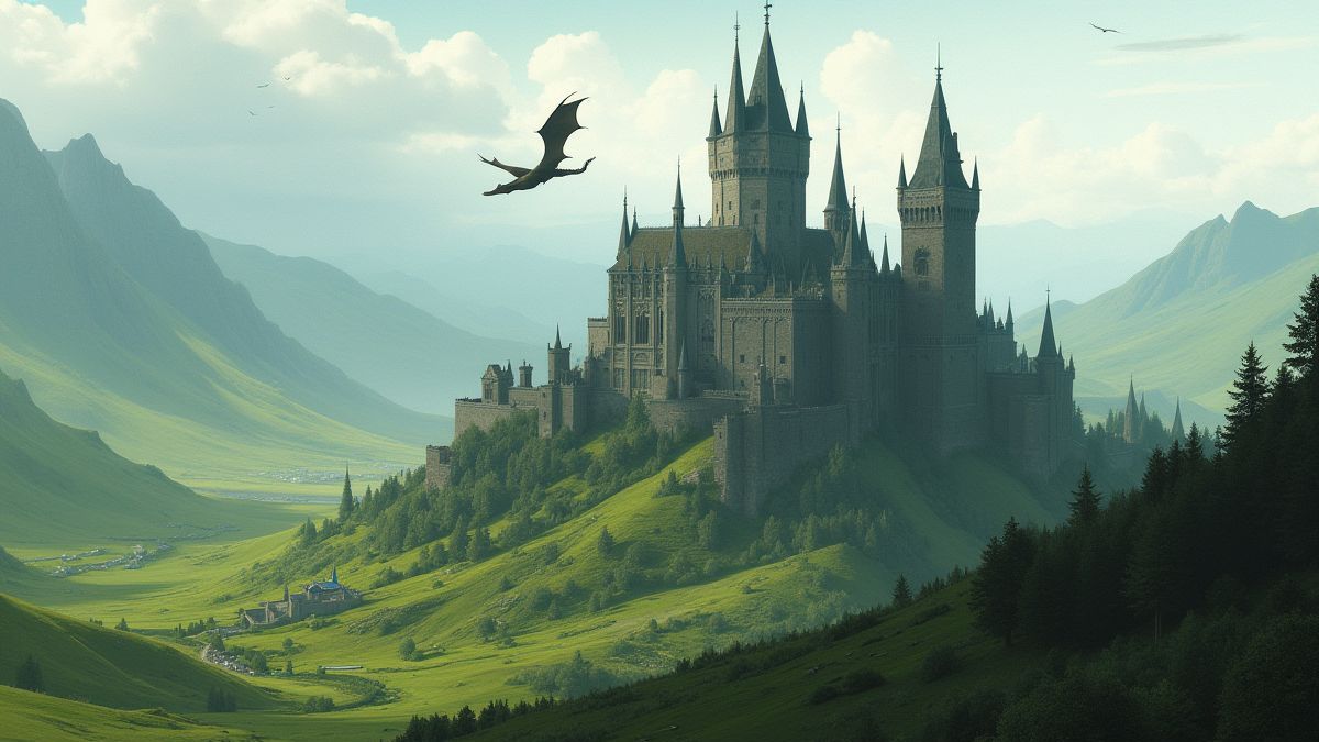 Un castillo medieval rodeado de colinas verdes y un dragón volando.