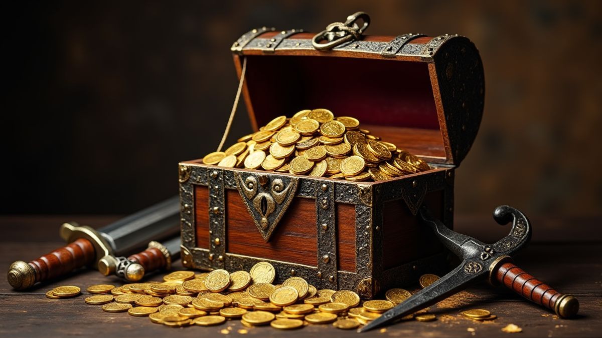 Un cofre del tesoro lleno de monedas de oro junto a armas medievales.