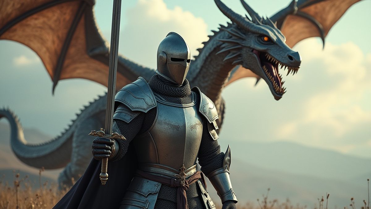 Un caballero sosteniendo una espada con un dragón volando de fondo.