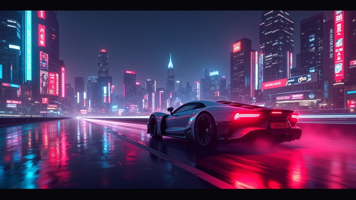 Retro-Stadtlandschaft mit Neonlichtern und einem futuristischen Auto.