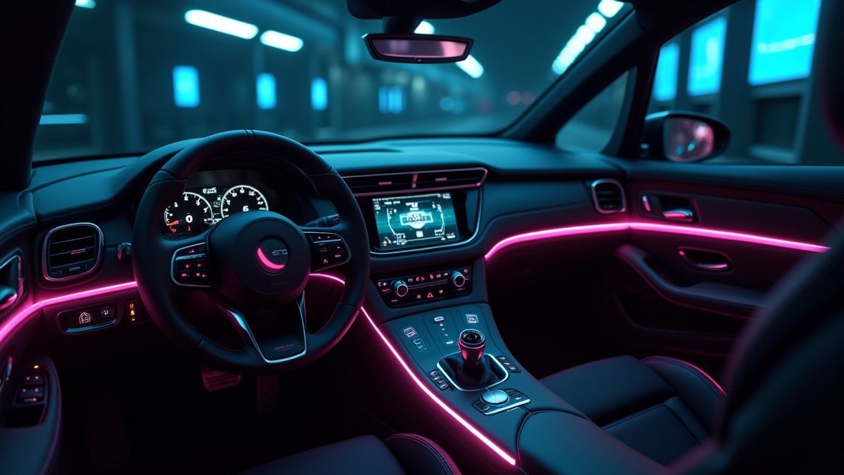 Futuristisches Armaturenbrett eines Autos mit leuchtenden Tasten.