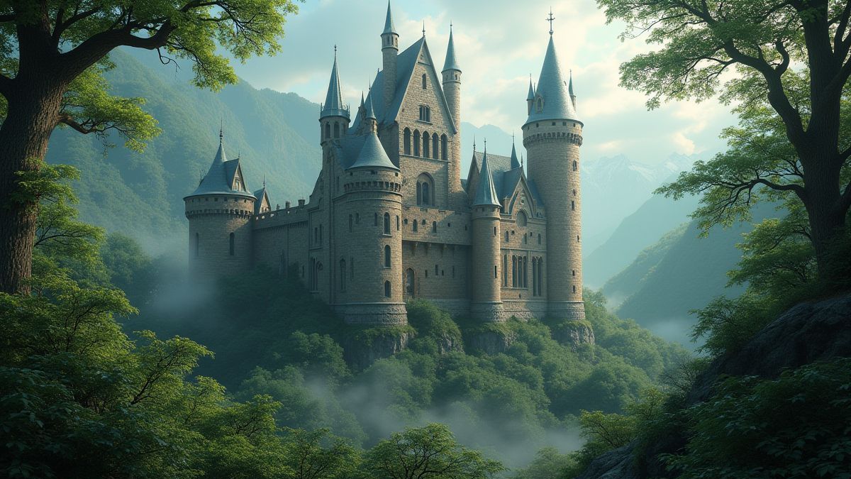 A medieval castle surrounded by greenery and a magical aura.