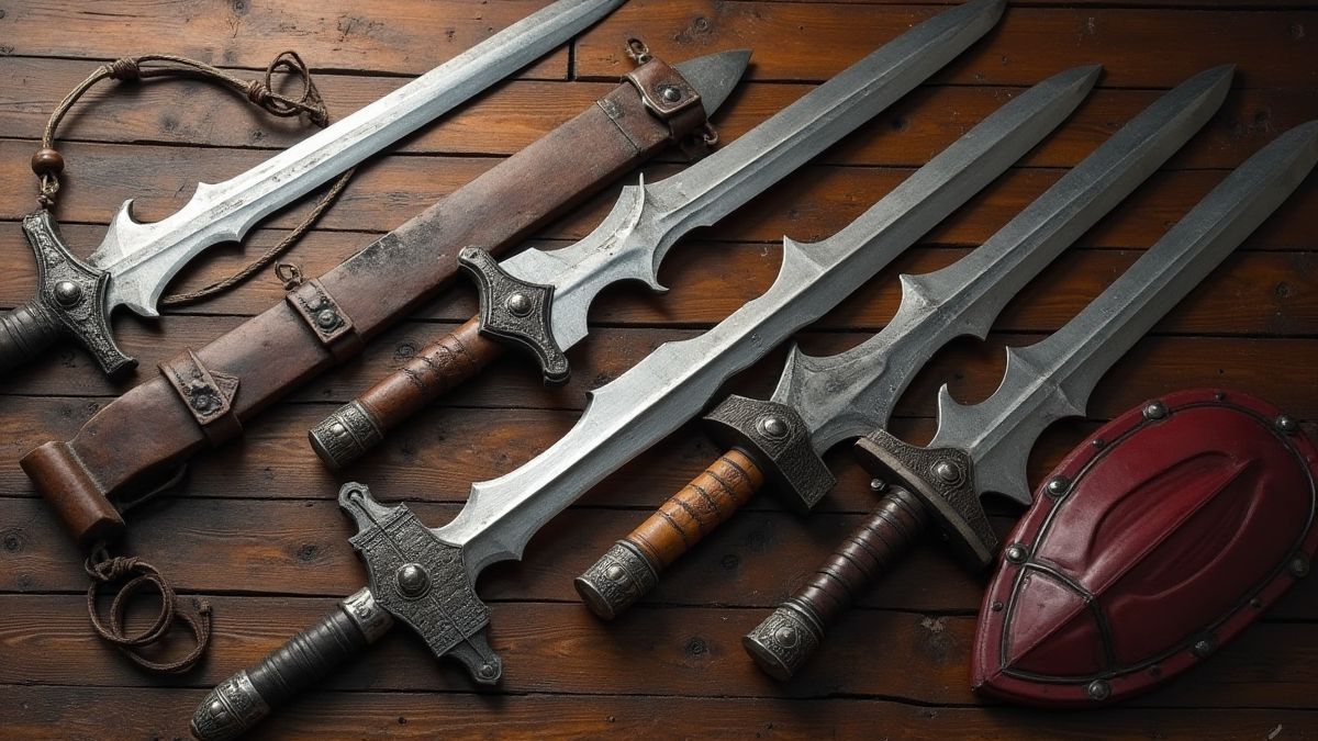 Medieval swords and shields on a wooden table.