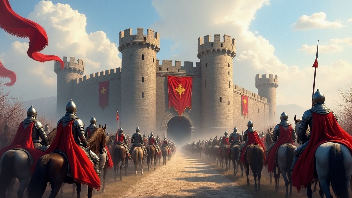 Un castillo medieval con caballeros en armaduras montando a caballo.