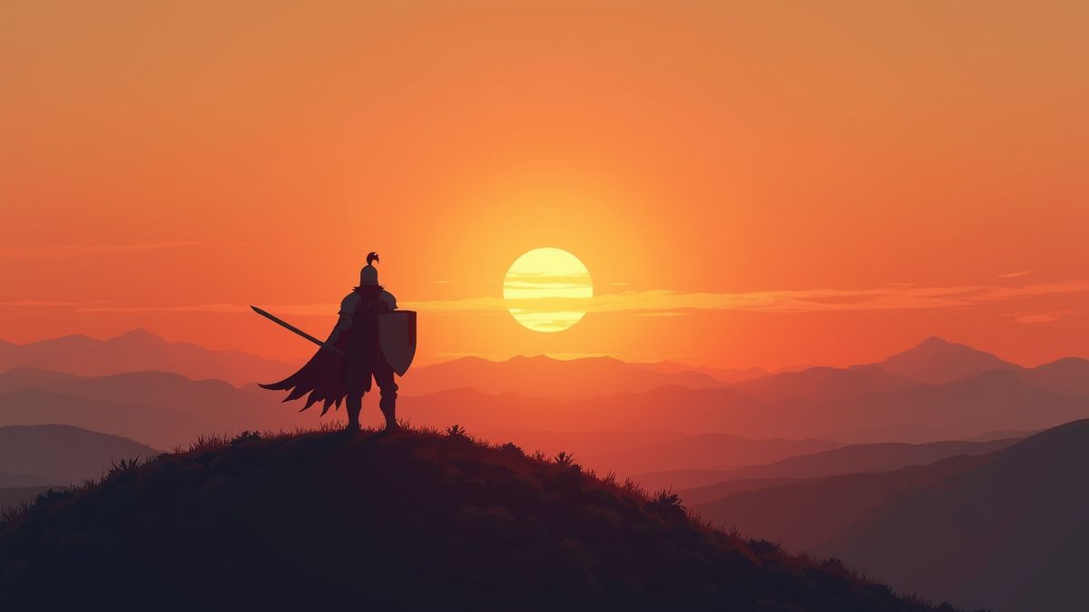 Un caballero en una colina al atardecer, sosteniendo una espada y un escudo.