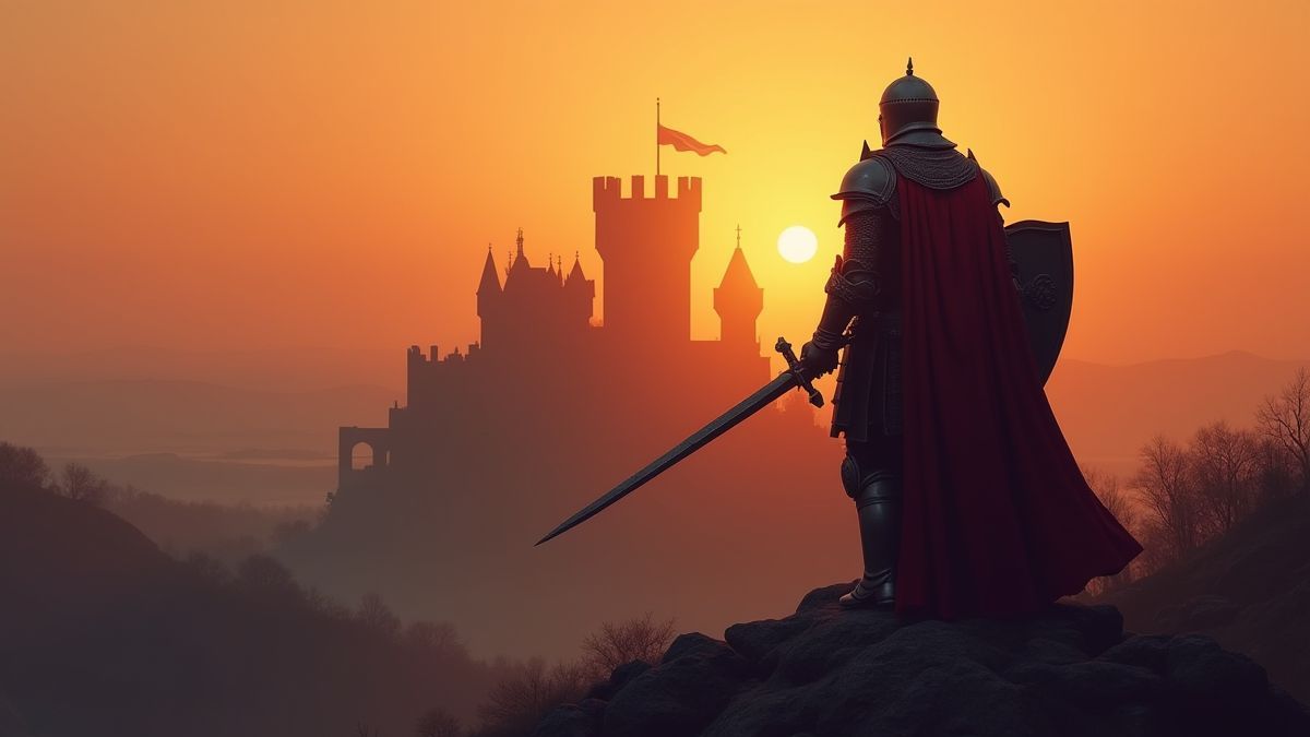 Caballero medieval frente a un castillo al atardecer.