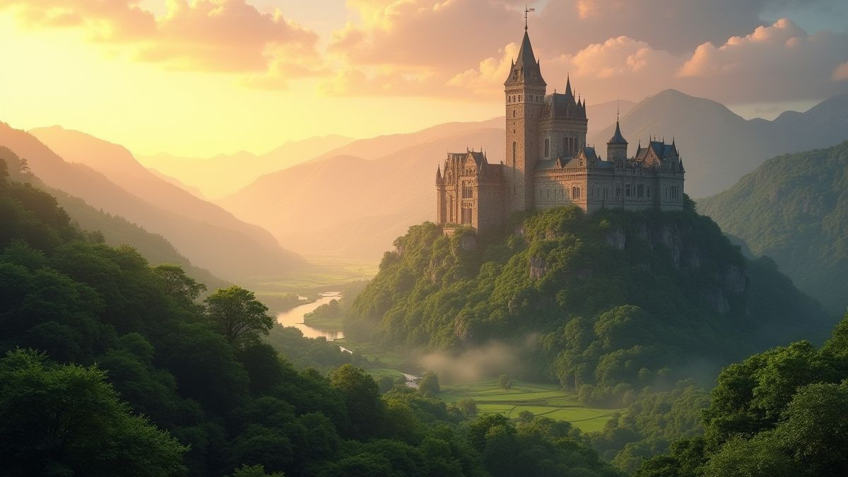 Eine mittelalterliche Burg umgeben von saftig grünen Hügeln unter einem Sonnenuntergangshimmel.