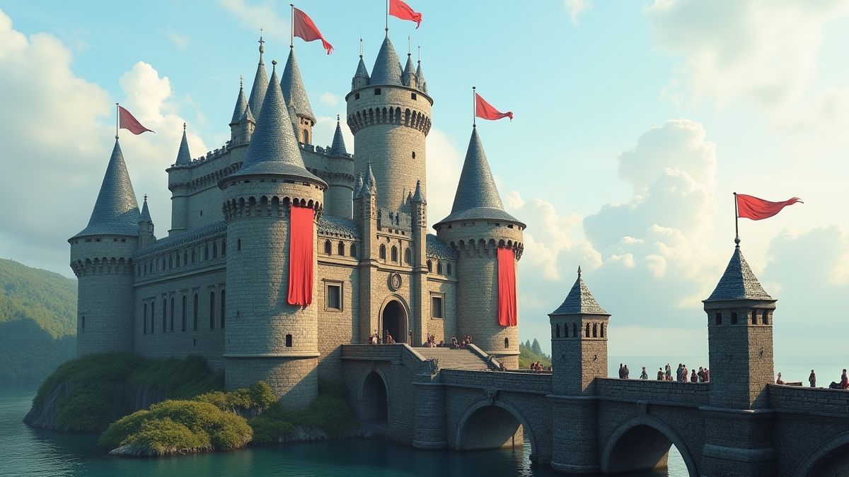 Castillo medieval con puente levadizo.