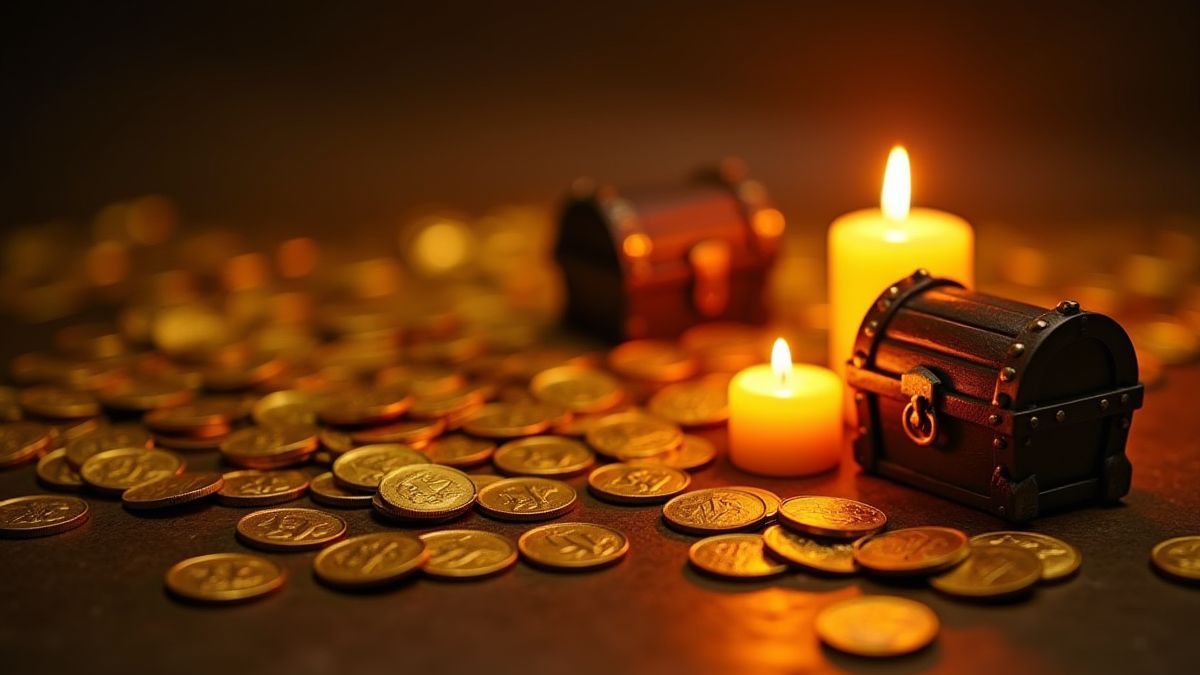 Montón de monedas de oro bajo luz tenue.