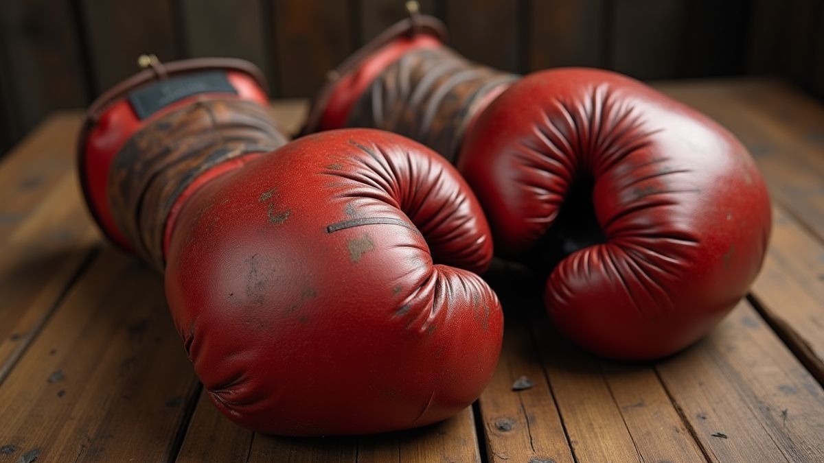 Gants de boxe classiques sur une table en bois.