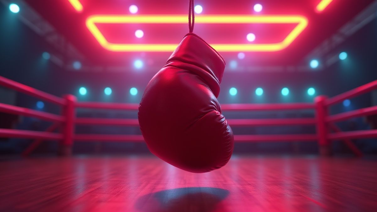 Guante de boxeo animado en una arena luminosa.