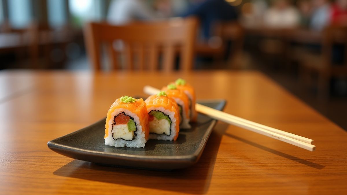Um roll de sushi com palitos em uma mesa de madeira em um restaurante japonês.