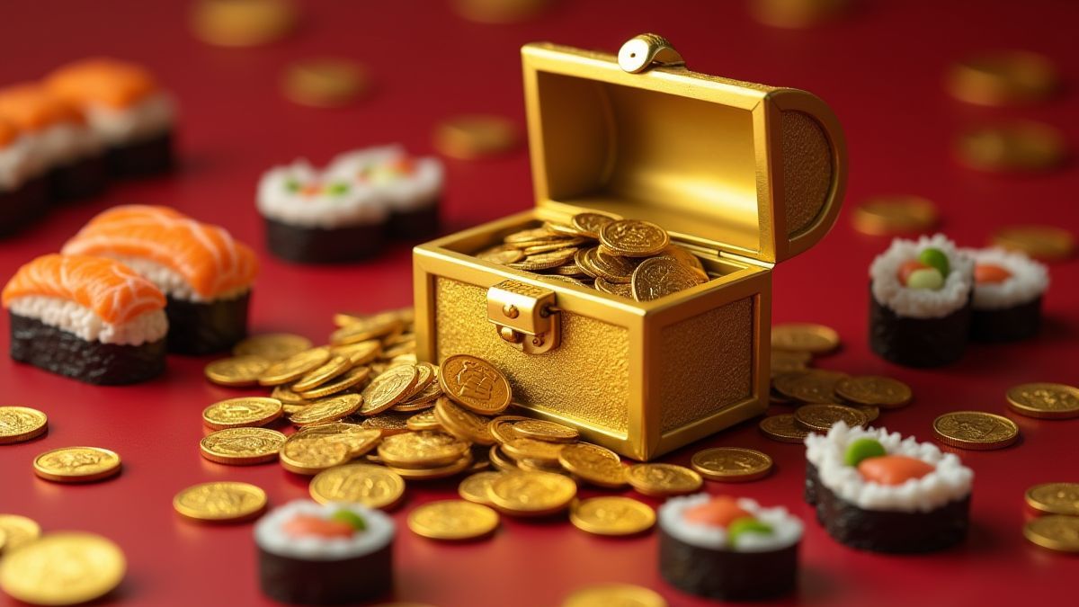Um cofre do tesouro dourado rodeado de moedas japonesas e sushi.