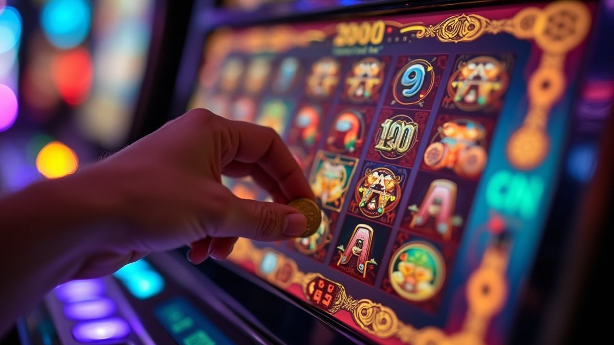 Uma mão ajustando o tamanho da aposta em uma interface de máquina caça-níqueis colorida.