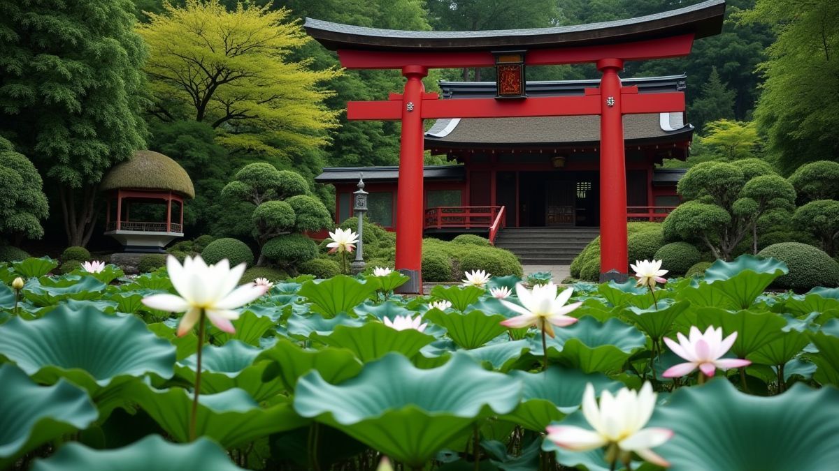 Un jardín japonés con una puerta torii roja y flores de loto en flor.