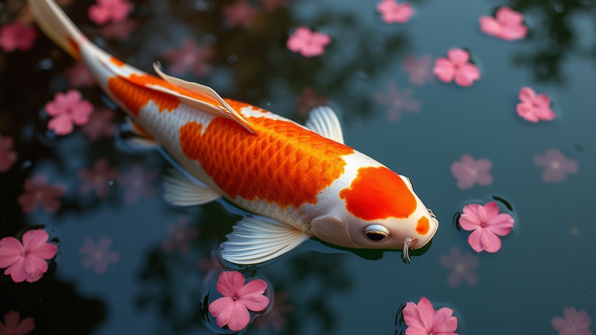 A koi fish swimming in a pond with cherry blossoms petals.