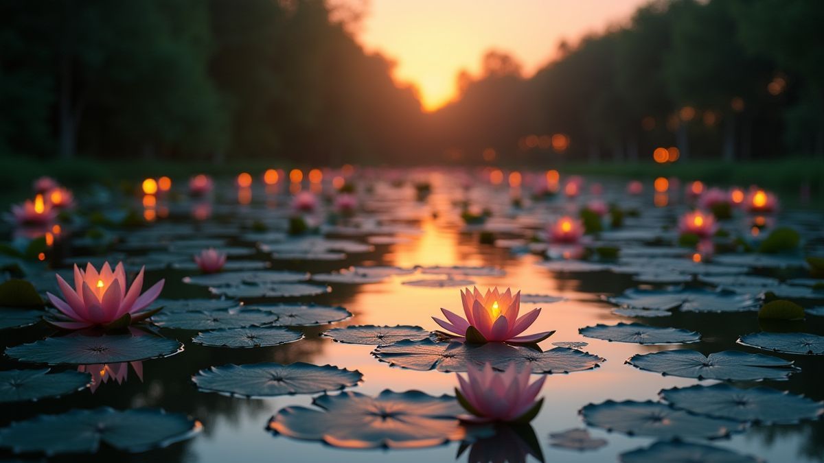 A pond with lilies and glowing lanterns at sunset.