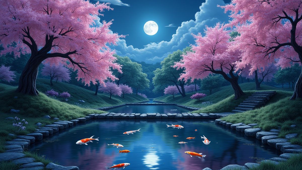 A garden with koi fish ponds and cherry trees under moonlight.