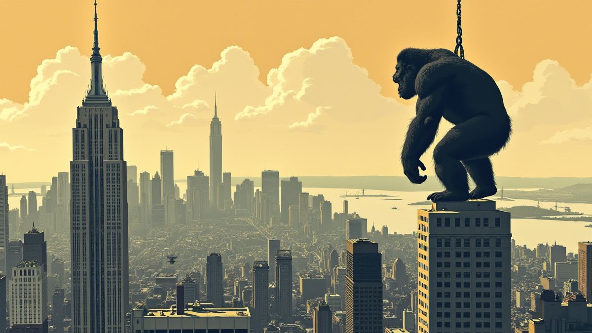King Kong escaladant un gratte-ciel à New York.