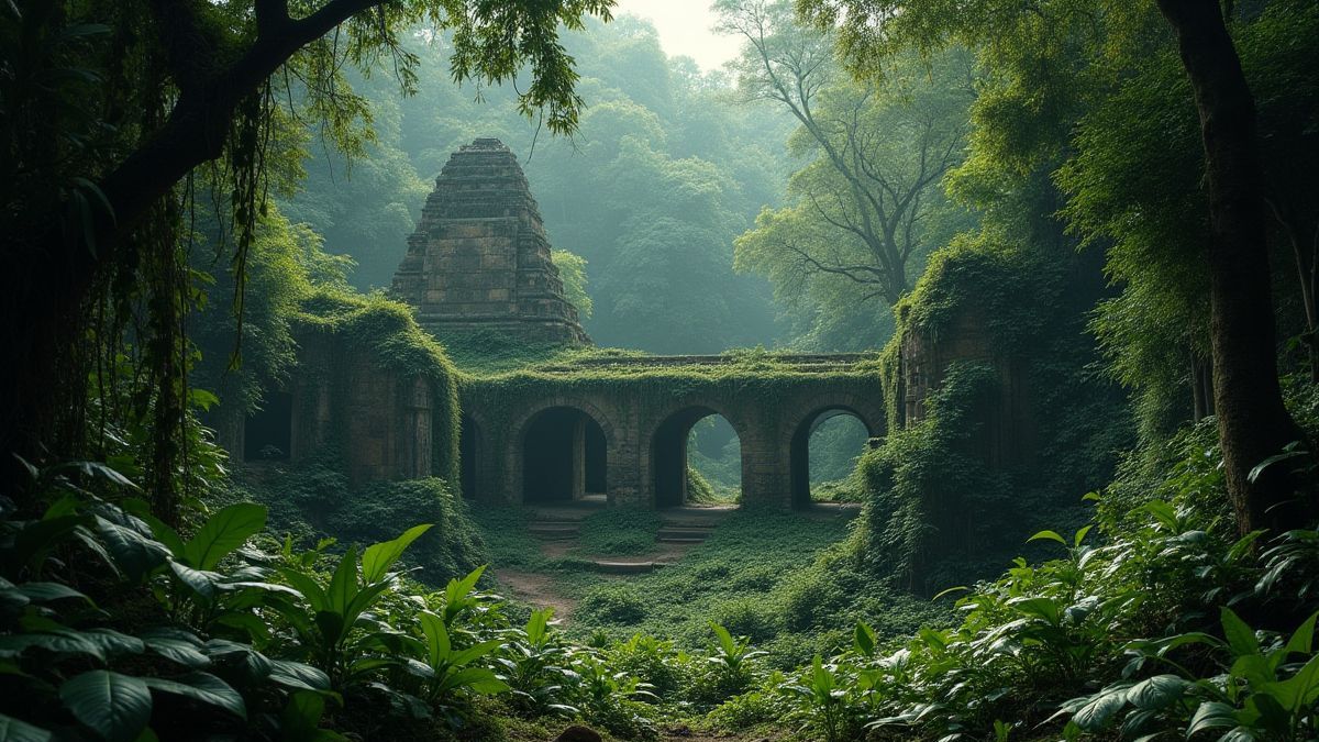 Ancient ruins in a green and leafy jungle.