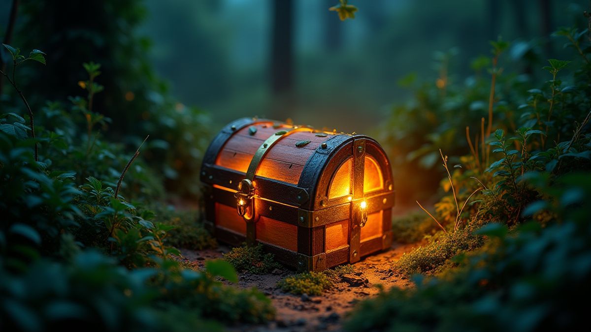 A glowing treasure chest surrounded by vegetation.
