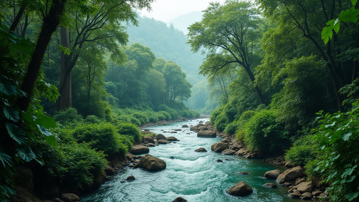 View of a jungle with a river surrounded by vegetation.