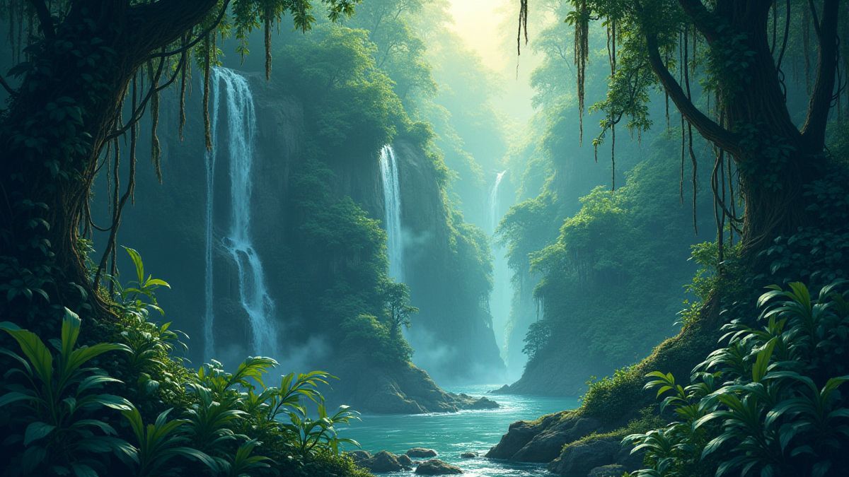 Uma selva densa com lianas e cachoeiras que evocam aventura e mistério