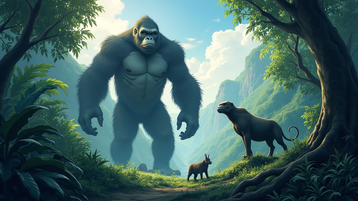 Jungle landschap met King Kong en exotische wezens.