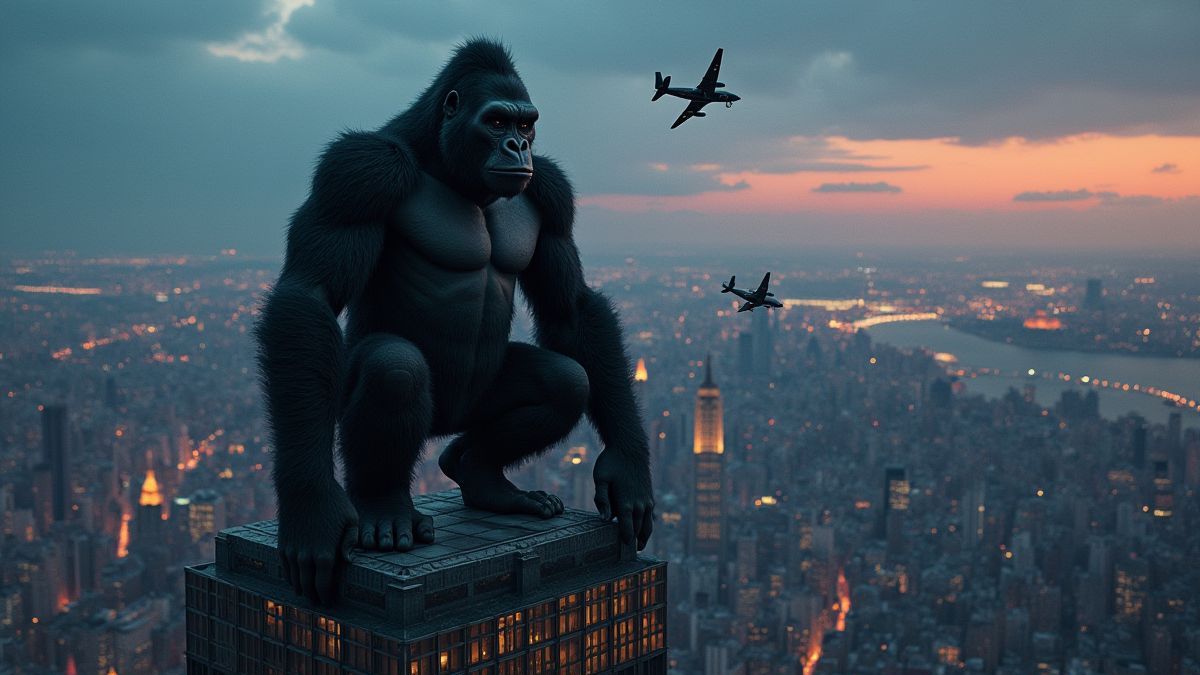 King Kong op een wolkenkrabber omringd door vliegtuigen en stadslichten.