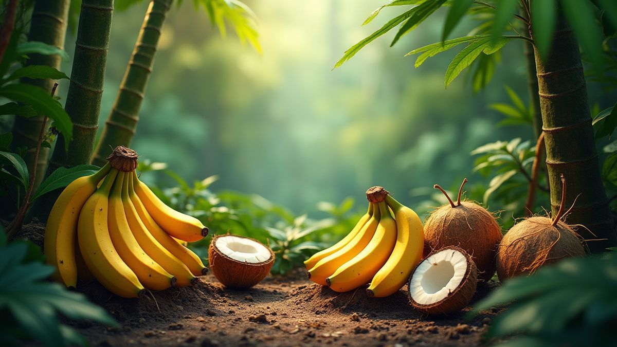 Una jungla llena de bananas y cocos.