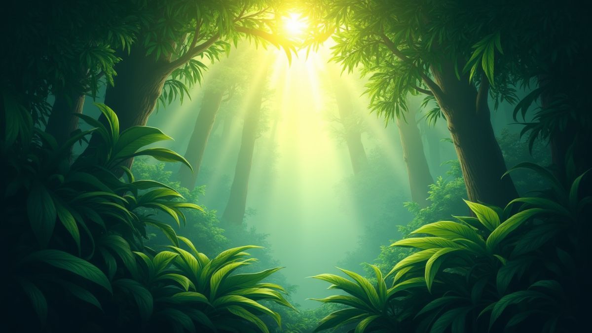 Una vista del dosel de la jungla con rayos de sol filtrándose entre las hojas.
