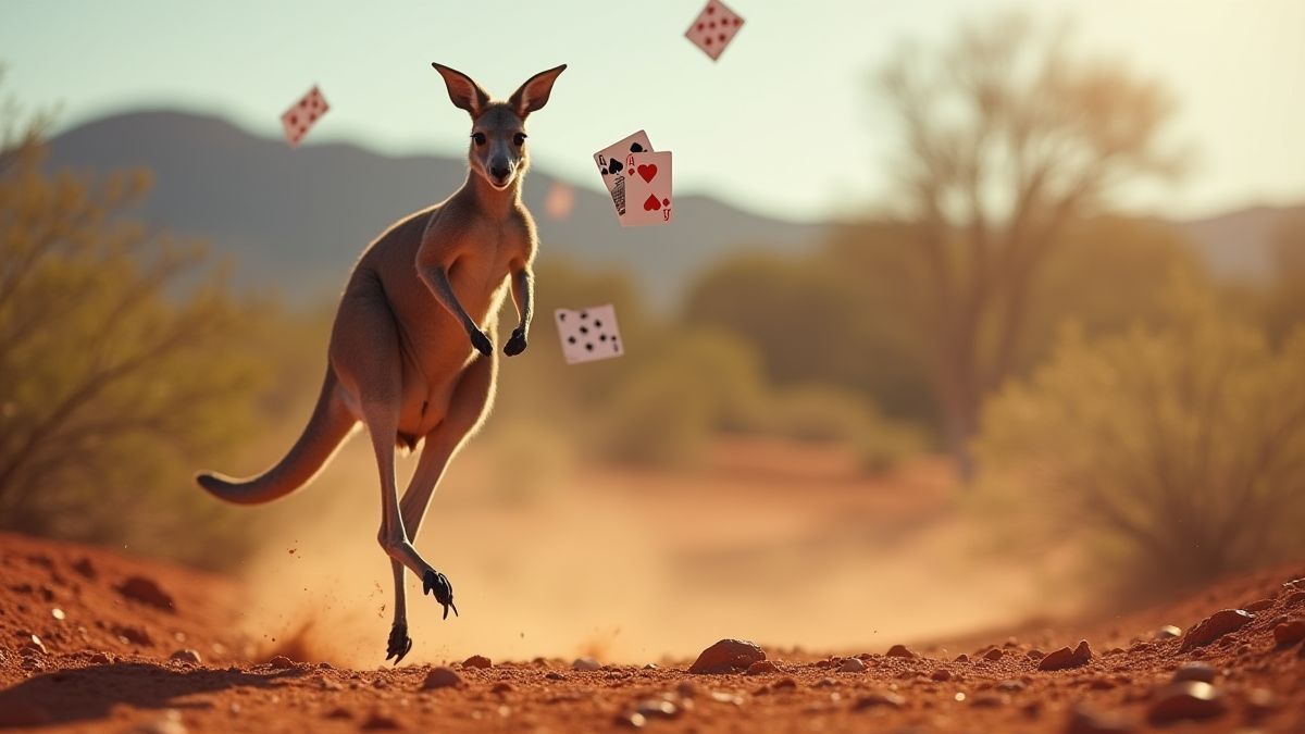 Canguro saltando en el interior australiano con cartas de póker volando.