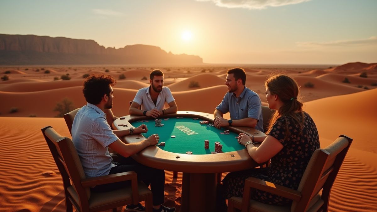 Mesa de póker en el desierto australiano con jugadores en acción.