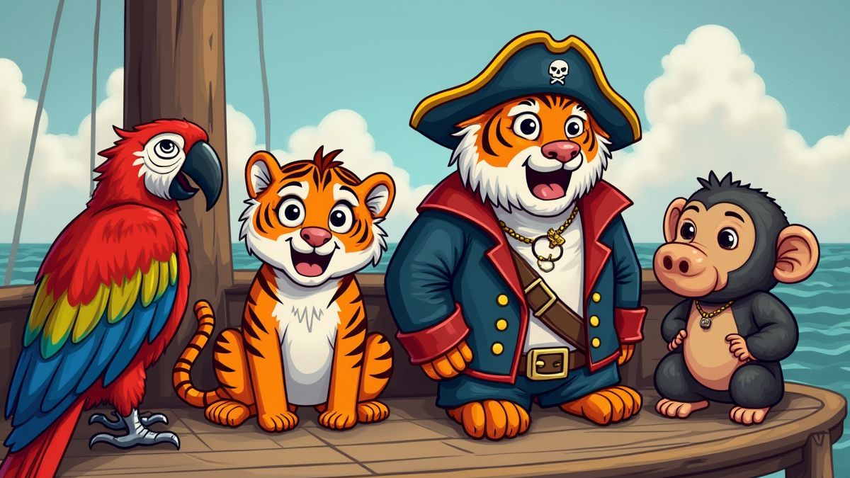 Tripulación pirata con un loro, un tigre, un mono y un armadillo en el barco.