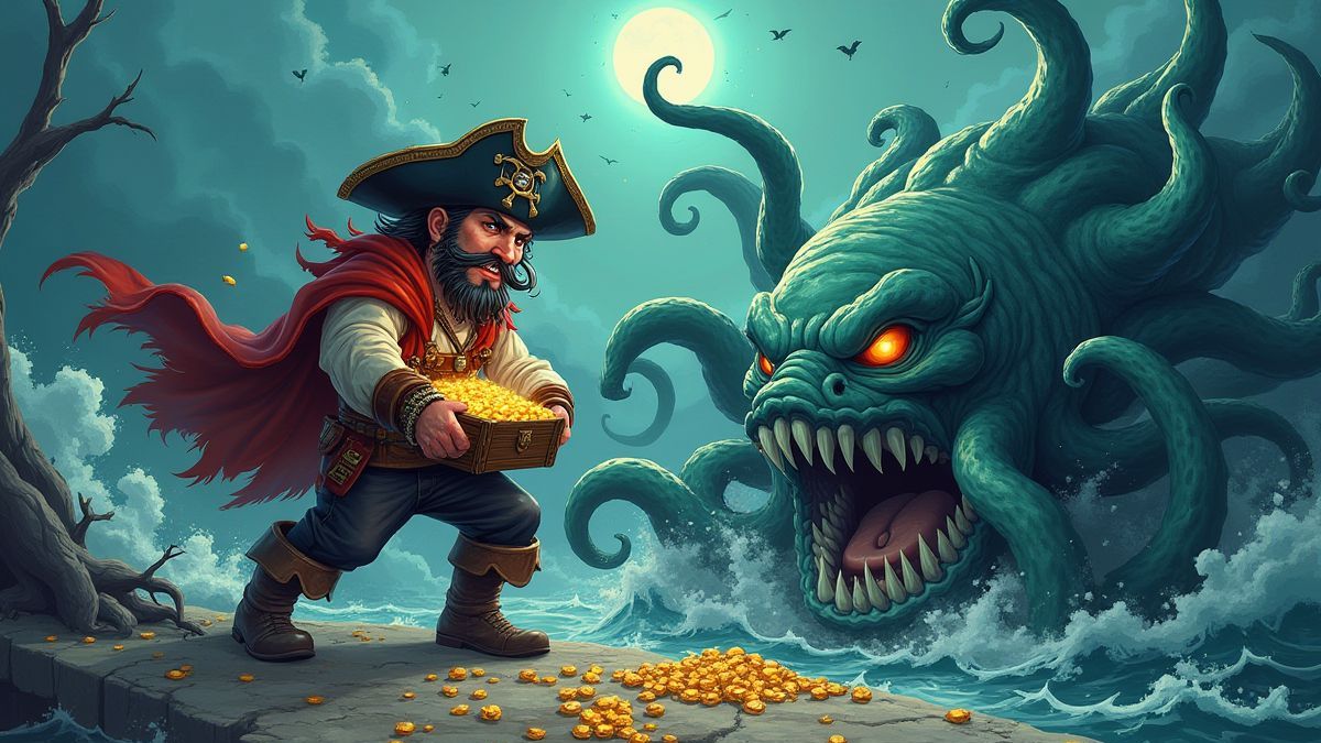 Un pirata luchando contra los tentáculos del Kraken mientras sostiene un cofre del tesoro.