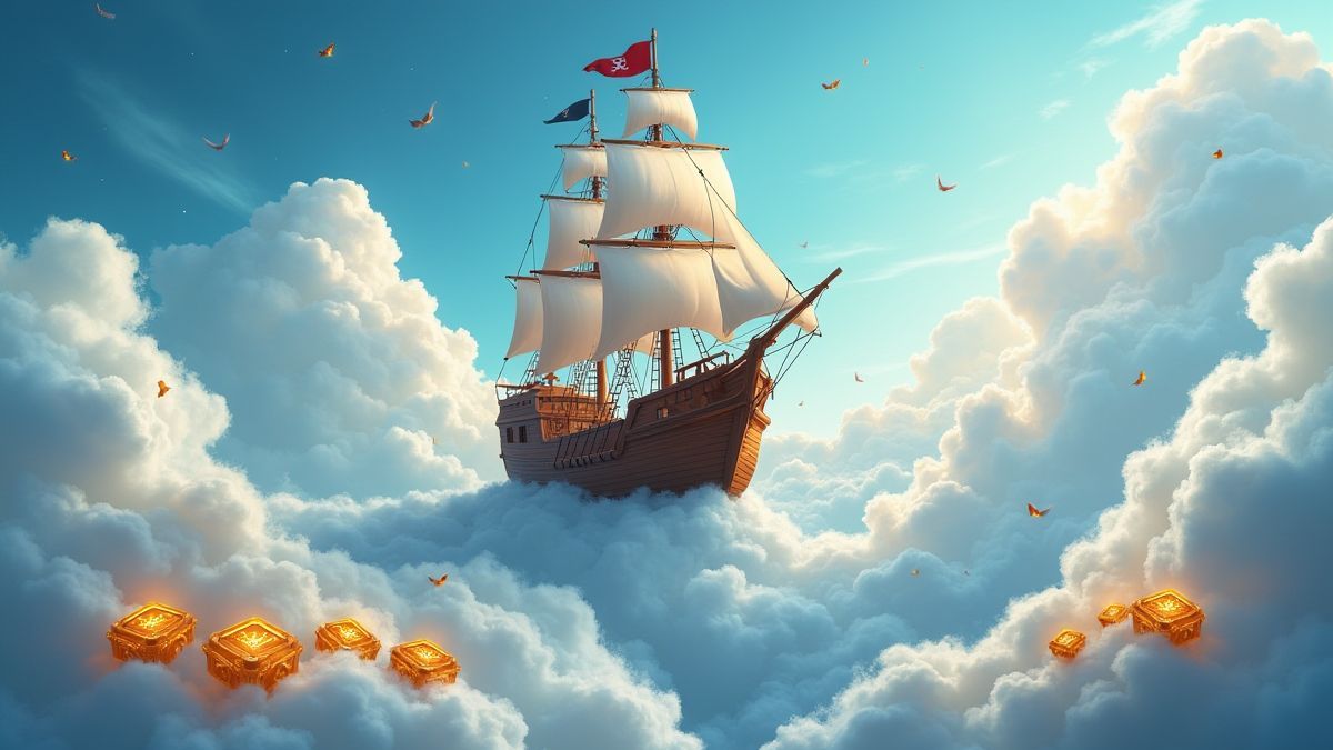Ein Piratenschiff, das zwischen Wolken mit leuchtenden Schätzen schwebt.