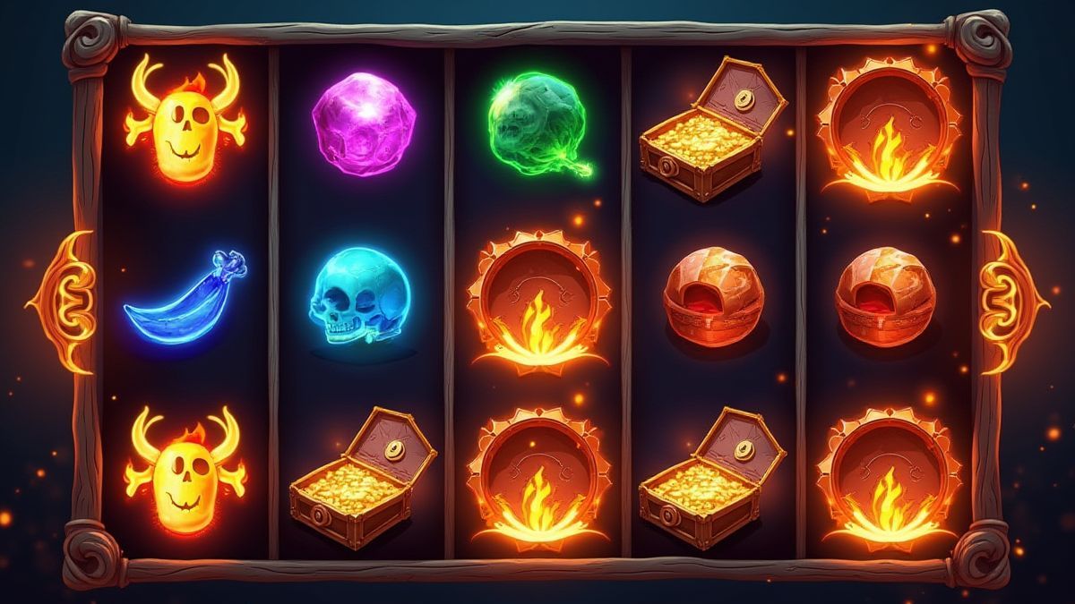 Leuchtende Symbole und sich ausdehnende Rahmen mit piratenthemen Schätzen in einem Slot-Gitter.