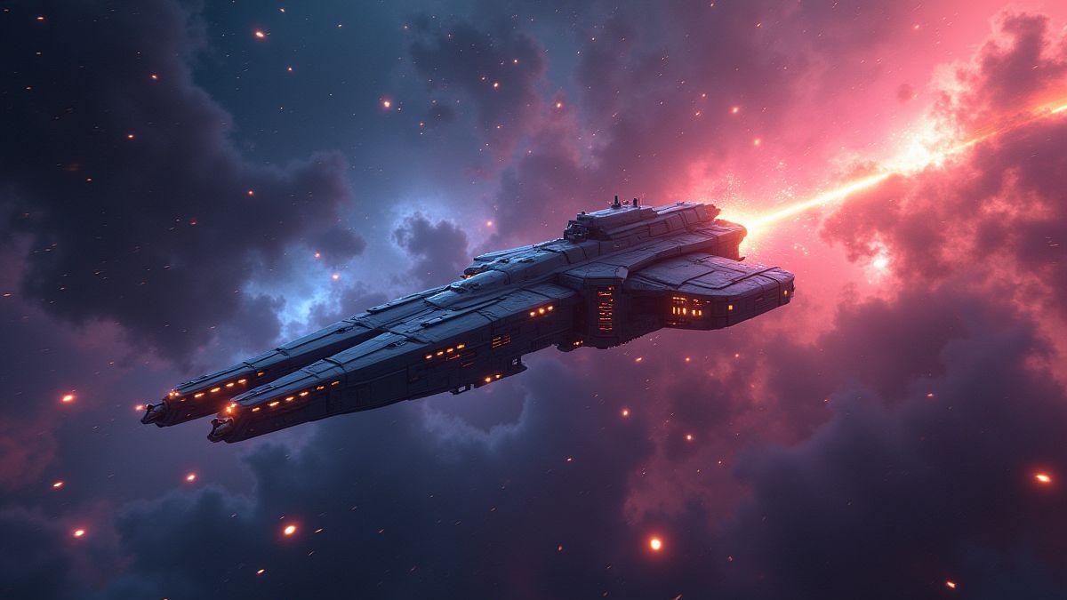 A futuristic spaceship flying through bright stars and colorful nebulae.