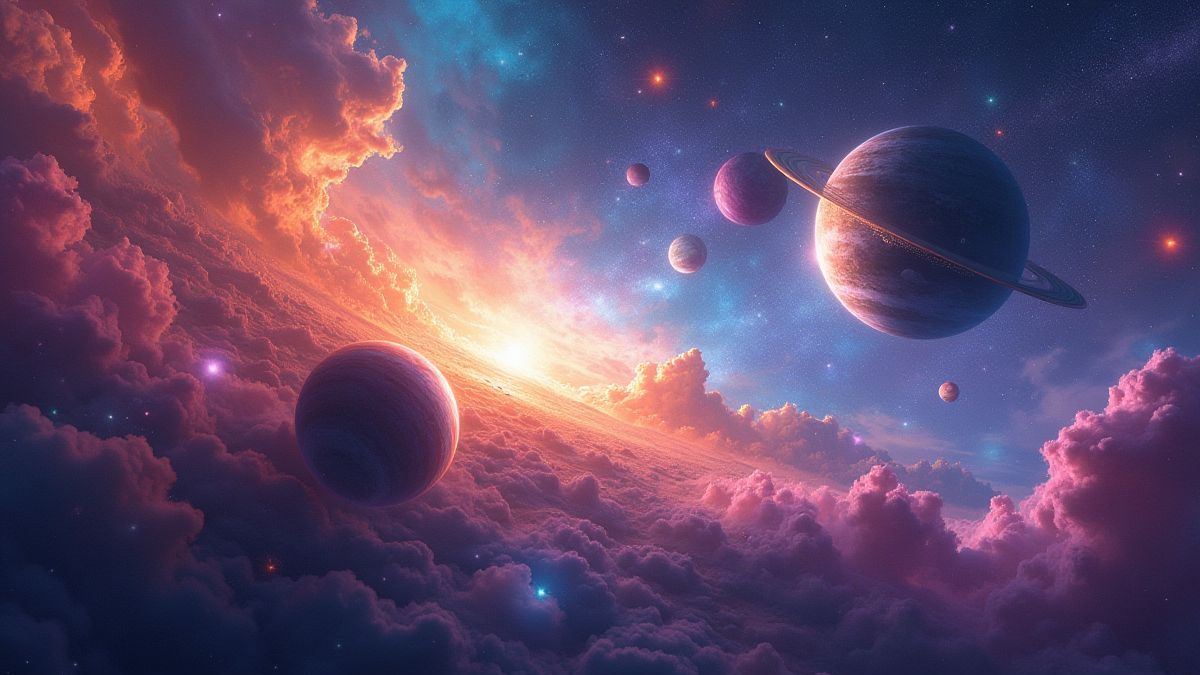 A colorful galaxy with swirling planets and bright stars.