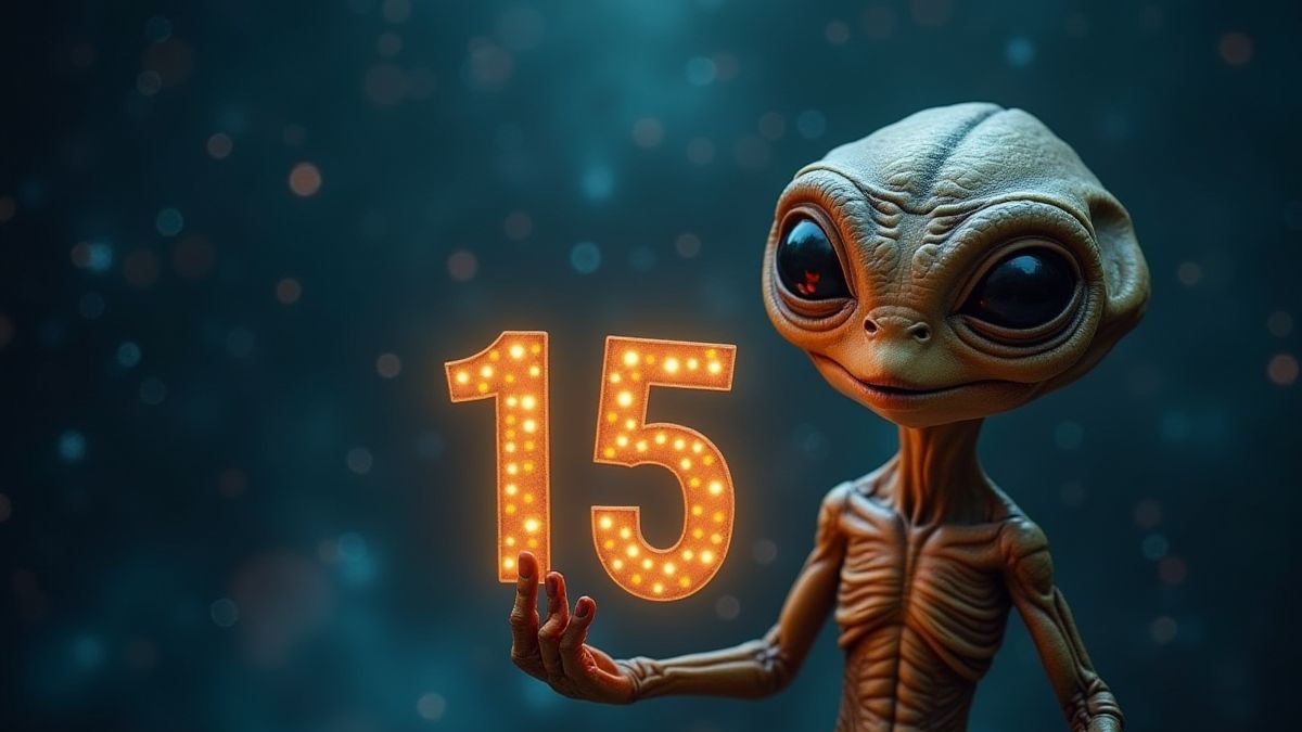 A friendly alien holding a glowing number chart in a galactic background.