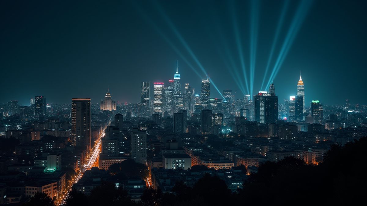 Skyline de la ciudad con edificios Art Déco iluminados.