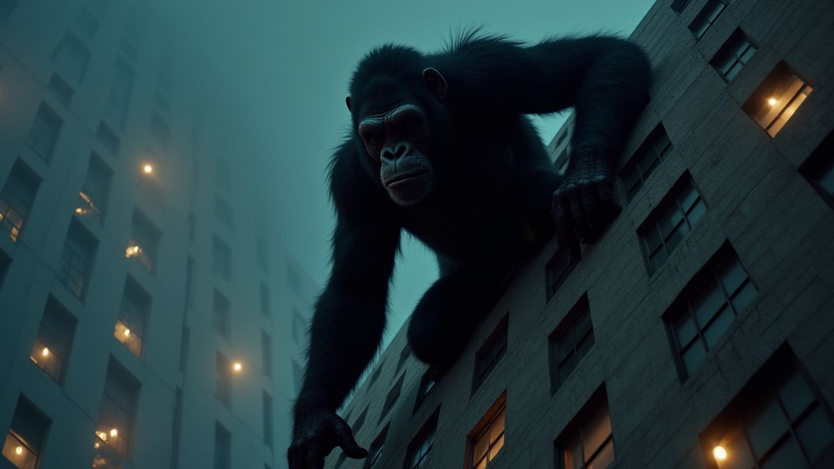 Un gran simio escalando un rascacielos con luces brillantes.